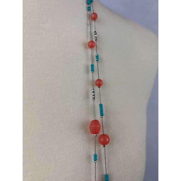Charming Charlie Coral Turquoise Silver Tone Beaded Necklace Long Adjustable - Picture 2 of 5